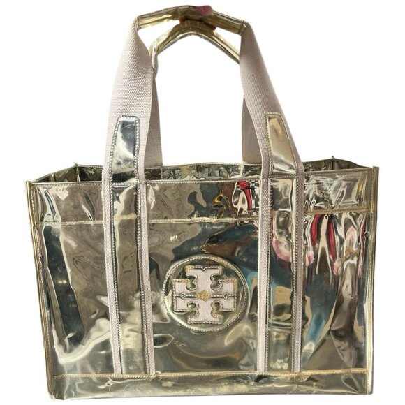 Tory Burch Vinyl Canvas Metallic Shiny Gold Large Tote Bag 16 x 11 x 7" - Picture 1 of 15